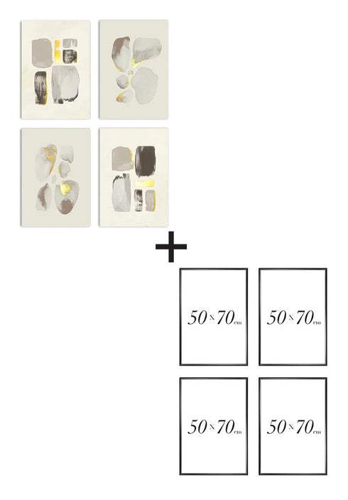 Złoty Zestaw 4 Plakatów Kremowe Pociągnięcia Pędzlem + 4 Ramki Czarne 50x70cm
